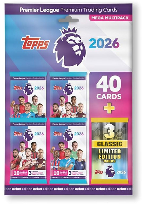 탑스 프리미어 리그 2025-26 - 데뷔 에디션 메가 멀티팩 40장의 카드와 3장의 랜덤 클래식 LE 카드가 포함되어 있습니다.