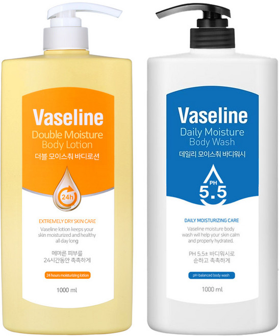 바세린 24h 더블 모이스춰 바디로션 1000ml 1개+ 바세린 약산성 바디워시 1000ml 1개, 1L, 2개