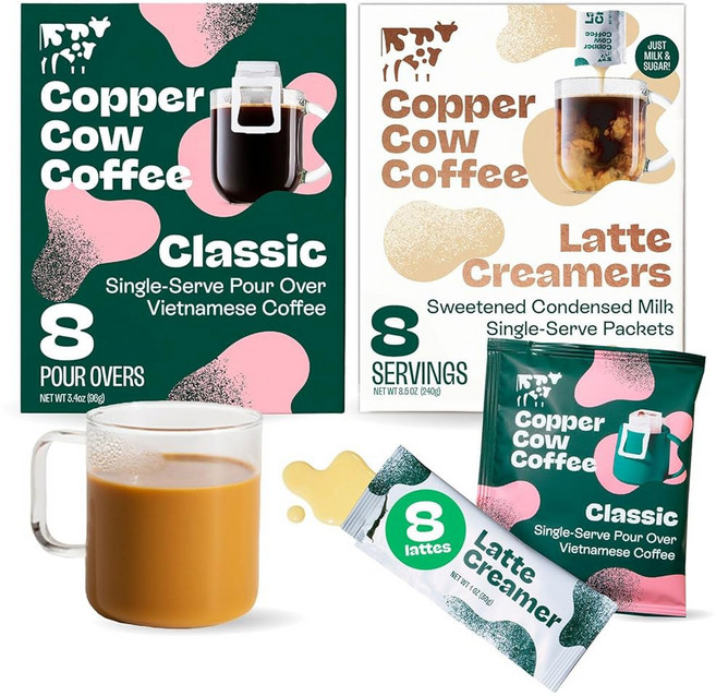 Copper Cow Vietnam Pour Over Coffee Pouches Latte Bundle 커퍼 카우 베트남 드립백 커피 라떼 번들, 2 Classic Black, 1.4온스 8팩