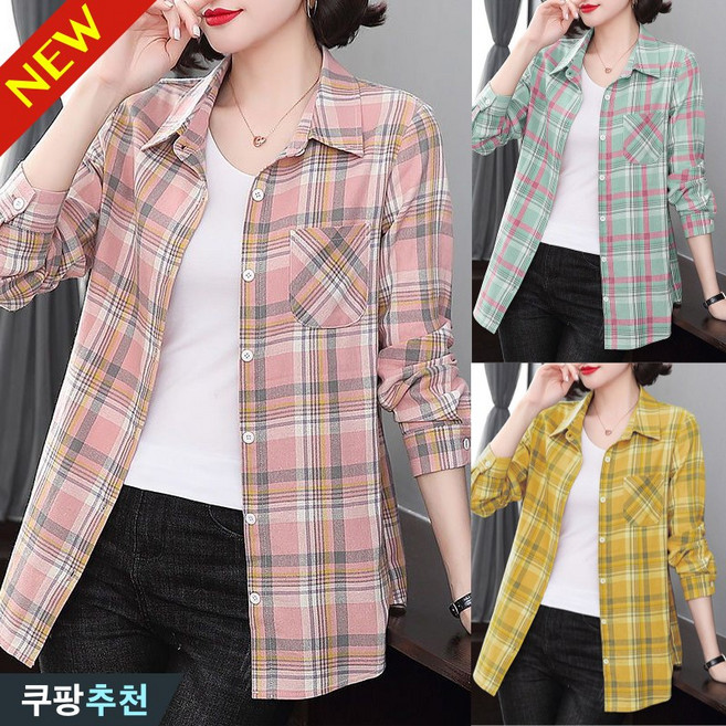 (완전 추천) 100kg까지 빅사이즈 여성 순면 체크 하프 단추 포켓 셔츠 봄 가을 편한 심플 캐주얼 빈티지 모던 배색 날씬해보이는 디자인 예쁜 베이직 사계절 가벼운 데일리 남방