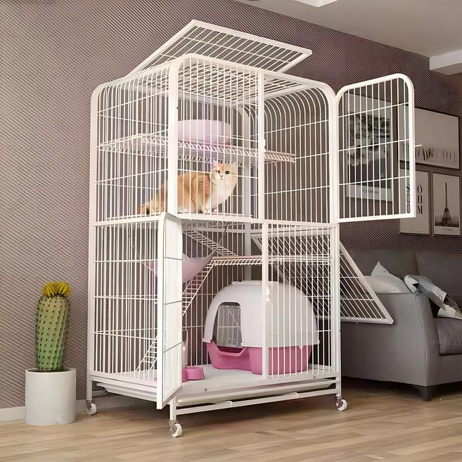 고양이장 철장 철창 케이지 휠 이동식 애완동물 수납장 철장 다층 세로형 이동이 편리하고 조립이 간편한 탈부착 가능한 반려동물 용품 실내 사육용 사다리, 1개, 화이트