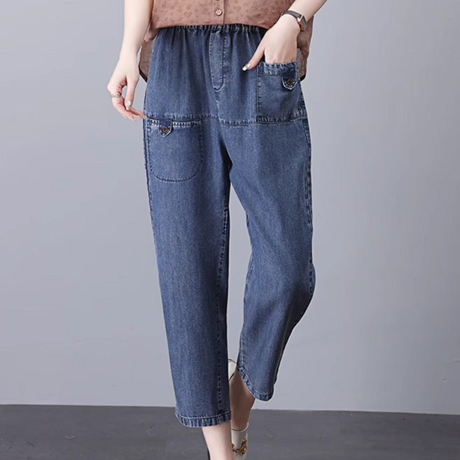 여성용 여름 얇은 부드러운 청바지 엄마 하이웨스트 오피스룩 밴딩 배기 데일리 9부 바지
