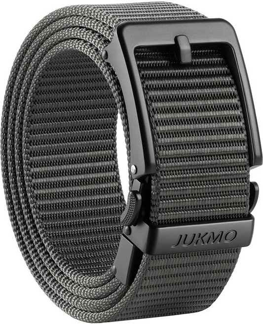 JUKMO 남성용 3.8cm(1.5인치) 래칫 벨트 - 구멍 없는 조절 가능한 핀 룩 버클 청바지 및 치노용 | 트림 투 핏 나일론 웨빙 다크 그레이. 3XL 허리둘레 54