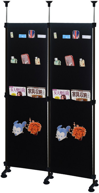 口袋收納屏風 頂天立地多功能置物隔間, 黑色,換購一字腳+增高器3支+活動塑膠3個