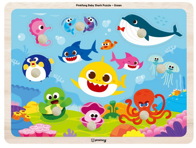 비가 핑크퐁 아기상어 꼭지퍼즐 해양 유아 아기 원목 장난감, 1개