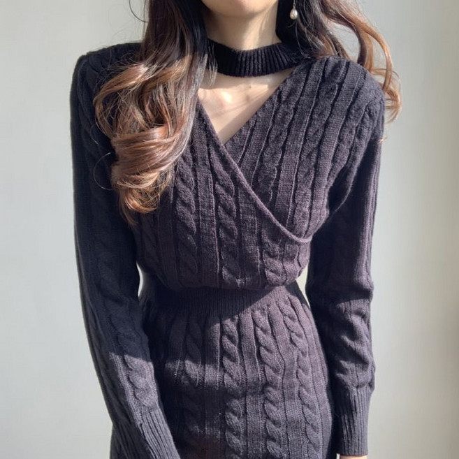 JinG 麻花針織長洋裝 顯瘦內搭打底毛衣, 黑