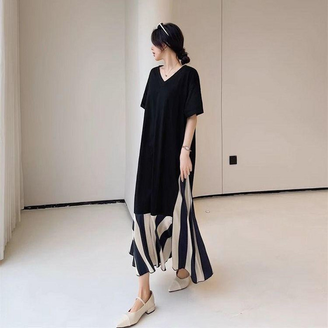 連衣裙 V領T恤裙 胖mm顯瘦長款, 黑色【好質量】,4XL 125.0-150.0公斤, 黑色