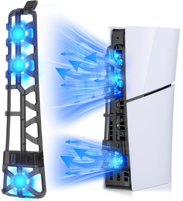 FASTSNAIL PS5 슬림 디지털디스크용 냉각팬 온도 센서 자동 속도 조절 수동 2단계 팬 USB 30 허브 LED 조명 포함 콘솔용 쿨러 시스템 액세서리, Black, 1개