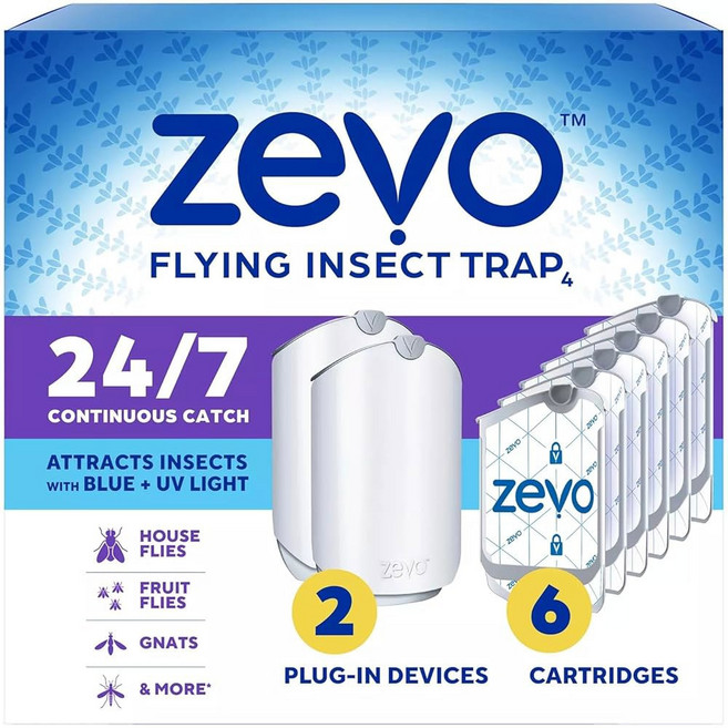제보 플라잉 곤충 트랩 트랩(플러그인 베이스 2개 리필 카트리지 6개), Zevo 플라잉 곤충 트랩, 파리 트랩, 초파리 트랩