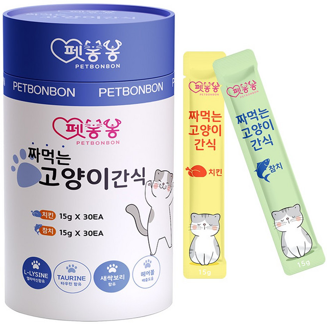 펫봉봉 NEW 짜먹는 고양이 간식 습식 고양이 스틱 대용량 60P, 1개, 900g, 참치(30)+치킨(30)