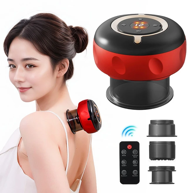 smabat 신형 스마트 괄사 마사지기 흡착식 전신 목 어깨 안마기 12단계 흡입력 온열 리모컨 캡 3개 교체, 레드 - 쿠팡