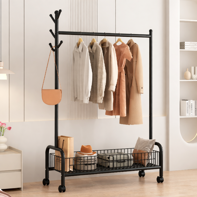 헤븐하임 나무형 철제 이동식 트롤리 행거, 블랙B
