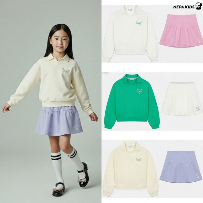 [백화점 출고] 네파키즈 상하복 세트 여아 럭키 쭈리 카라 맨투맨 스커트 치마 속바지 부착 상하세트