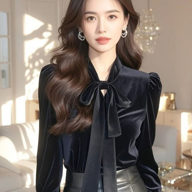 COSYEVNO 여자 벨벳 상의 가을 날씬해 보이는 블랙 리본 블라우스 프렌치 고급스러움 패션 통근 데일리 zjyjsr7