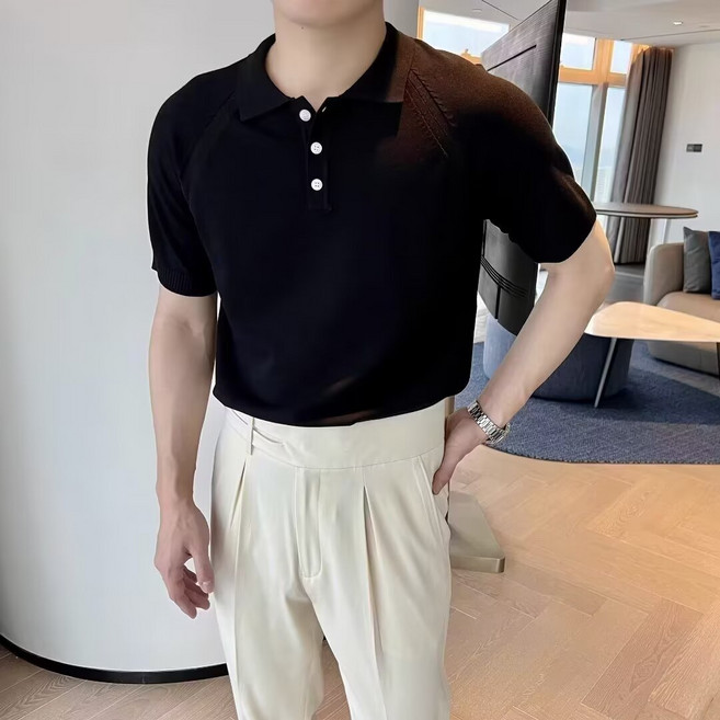 AURALA 여름 남자 데일리 베이직 카라티 반팔 니트 캐주얼 니트 반팔 티셔츠