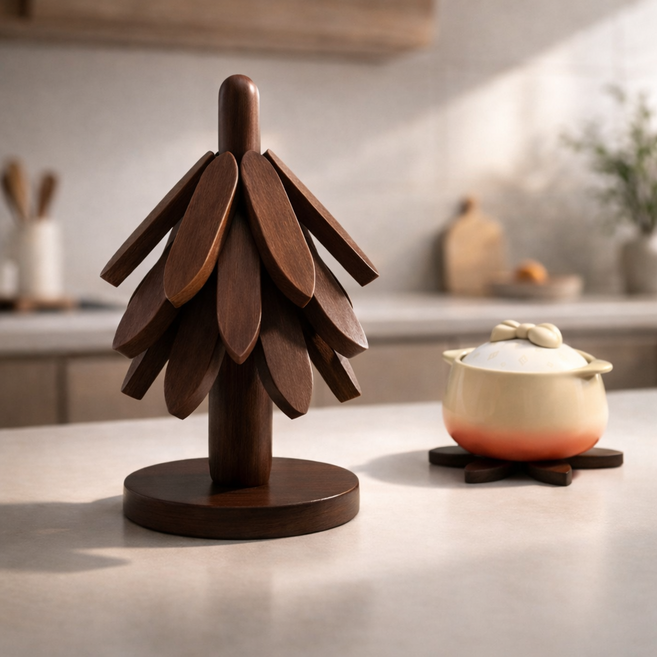 베이직앤드 슬림 보관 트리형 원목 냄비받침, 1개, 월넛