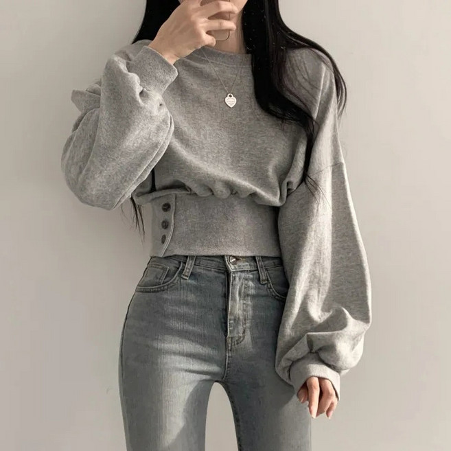 라라티나 로리 여성 버튼 크롭 벌룬 긴팔 맨투맨 티셔츠