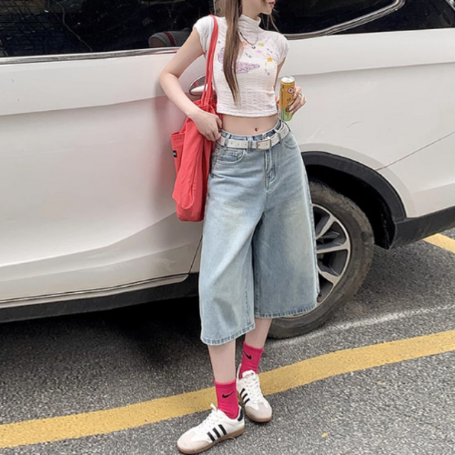 Jella 와이드 레그 블루 데님 버뮤다 반바지 청바지