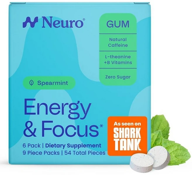 Neuro Energy & Focus 잇몸 - 천연 카페인 껌 및 Nootropic 에너지 보충제 L-테아닌 비타민 B 함유 무설탕 비건 스피어민트 입, NeuroGum Energy & Focus 잇몸 (54, 1 - 쿠팡