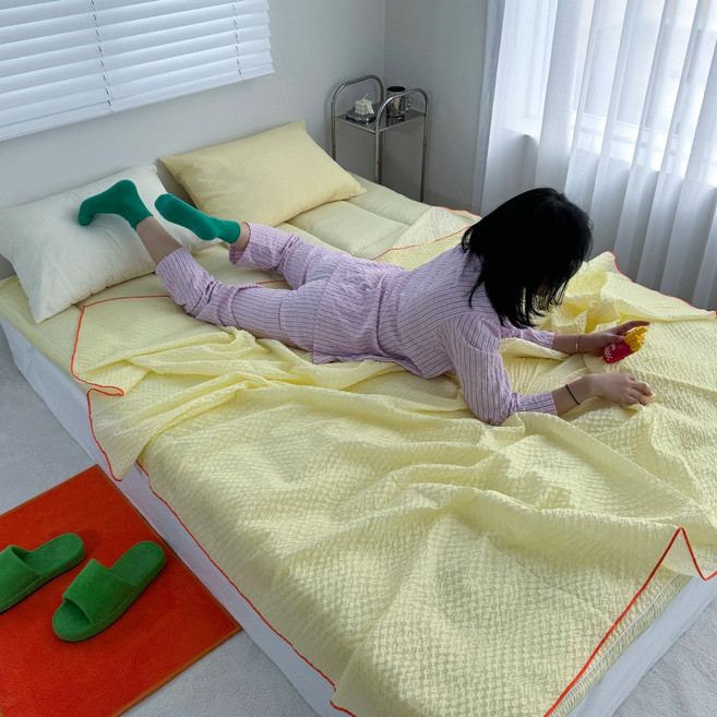 온기브 키치라인 홑이불 냉감 시어서커 여름 얇은 이불 (SS/Q), 옐로우