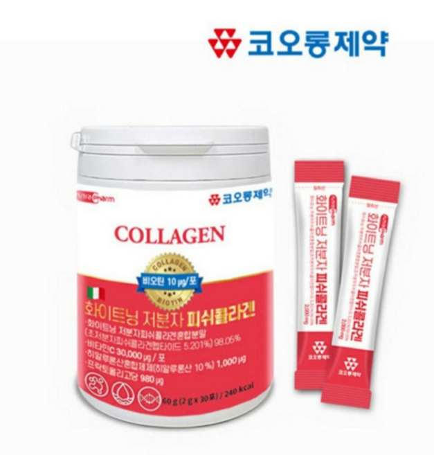 코오롱제약 화이트닝 저분자 피쉬콜라겐 히알루론산 필수 아미노산 피부 미백, 60g, 4개
