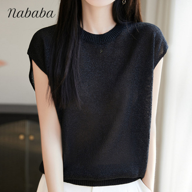 나바바 NK2950 여성 얇은 시원한 라운드넥 캡소매 니트티