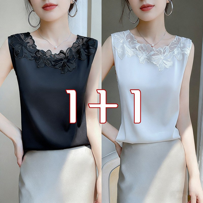 슬림소녀 1+1 여성 나시 실크 새틴 레이스 라운드 나시 민소매 끈 이너 나시티