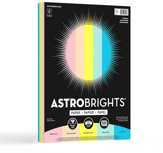 아스트로브라이트 컬러 페이퍼 8.5인치 x 11인치 24파운드/89gsm 5가지 색상 모음 300매, 8.5 x 11 inches