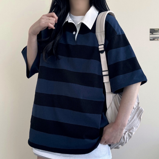 Y2K 유니섹스뉴진 럭비 카라 단가라 반팔티셔츠 여름 커플룩