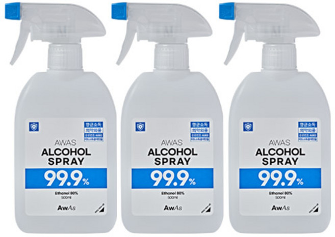 AWAS 에탄올 항균 살균 알콜 소독스프레이, 3개, 500ml