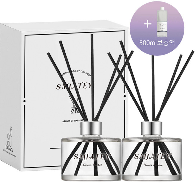 스미어티 프리미엄 200ML 2개 디퓨저 실내 방향제+500ML 대용량 리필액 선물 세트 집 화장실 방향제, 우디 호텔