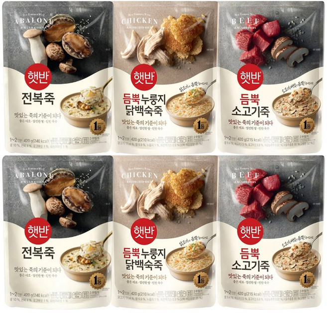 비비고 파우치 죽 450g (누룽지닭백숙죽2+전복죽2+소고기죽2), 1세트