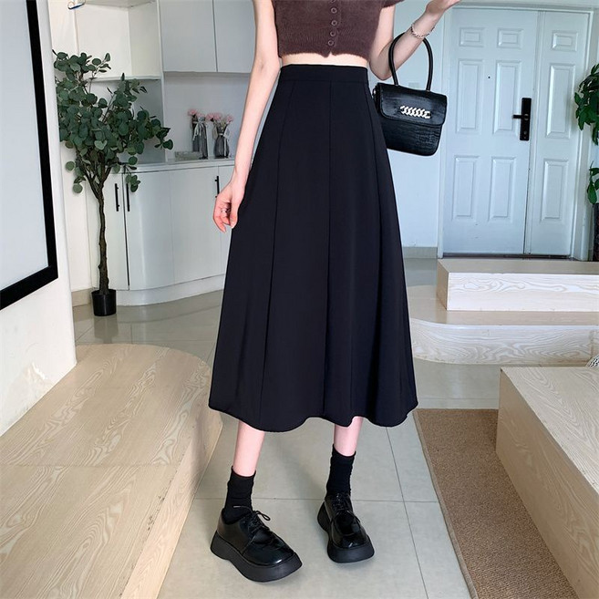 HAOHAO 大尺碼胖mm黑色半身裙 高腰中長款A字裙 顯瘦包臀裙 2022秋季新款 潮裙裝