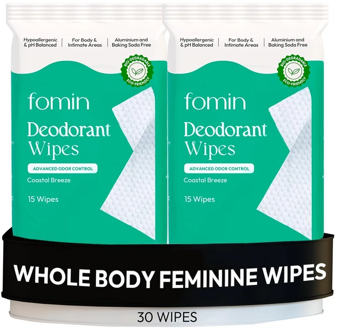 여성용 FOMIN 산성 데오드란트 물티슈 - 30 카운트 버라이어티 팩 저자극성 pH 균형 전신 플라스틱 프리 각질 제거 및 고급 냄새 제어 겨드랑이 바디, Coastal Breeze, 1_15 Count (Pack of - 쿠팡