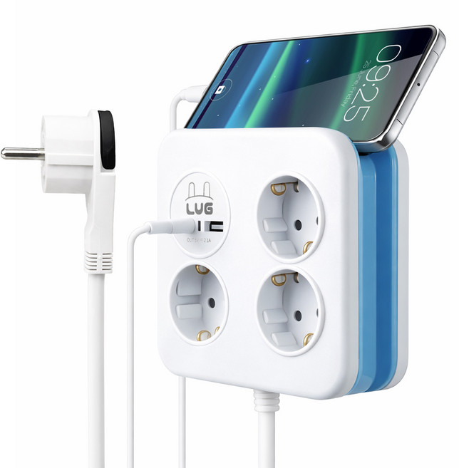 고용량 3구 2 USB포트 사각 납작 멀티탭, 1개, 화이트블루, 1.4m