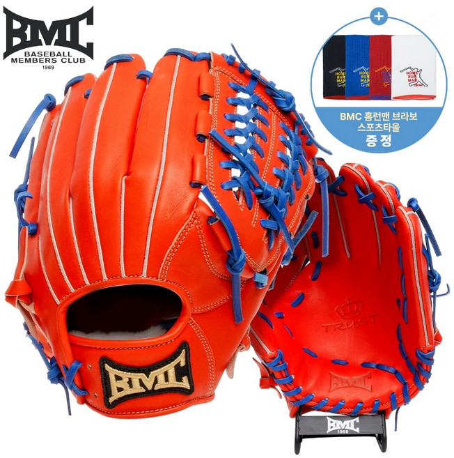 BMC 비엠씨 26년 트러스트 올라운드 글러브 TRU10 US스티어하이드 12인치 스포츠타올 증정, 1개, 오렌지/그레이(좌투)