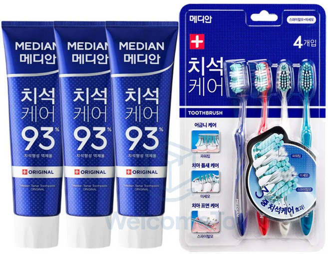 메디안 치석오리지널 치약120g 3입+ NEW치석케어칫솔 4입 /부드럽고 달콤한, 1개