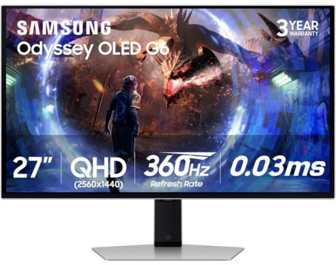 삼성 27인치 오딧세이 OLED G6 G60SD 시리즈 게이밍 모니터 QHD 및 QDOLED 360헤르츠 0.03밀리초 AMD 프리싱크 프리미엄 프로 눈부심 방지 세련된 디자인, 360 hz