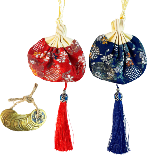 모모커머스 황동 엽전꾸러미 복주머니 세트, 엽전 30개+복주머니 빨강1개 파랑1개