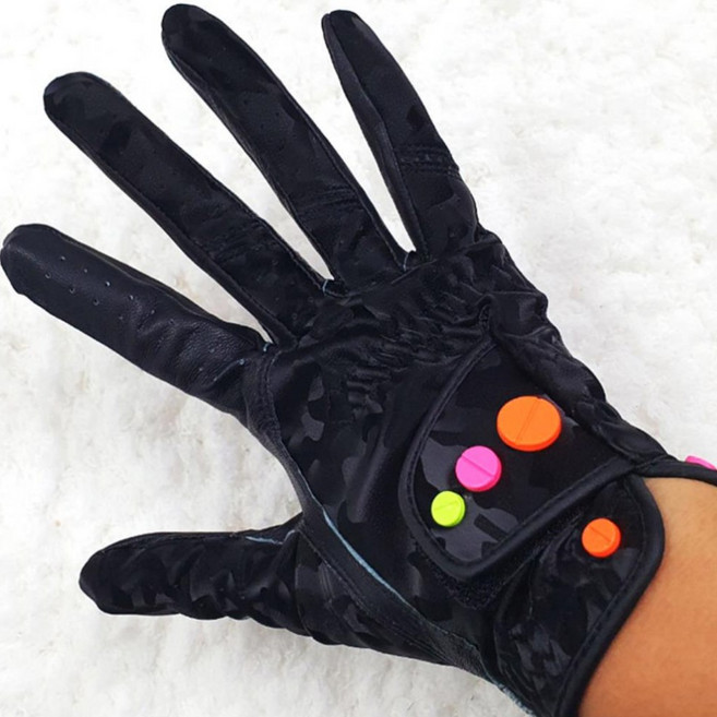 칼라 알약 장식 여자 양가죽 골프 장갑 머리올리기 중년 야간라운딩, 블랙