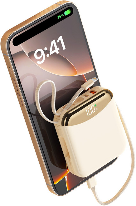 PIUJJA 일체형 QC3.0 PD 22.5W 대용량 고속충전 케이블 휴대용 미니 C타입 고속충전 보조배터리 10000mAh, 베이지