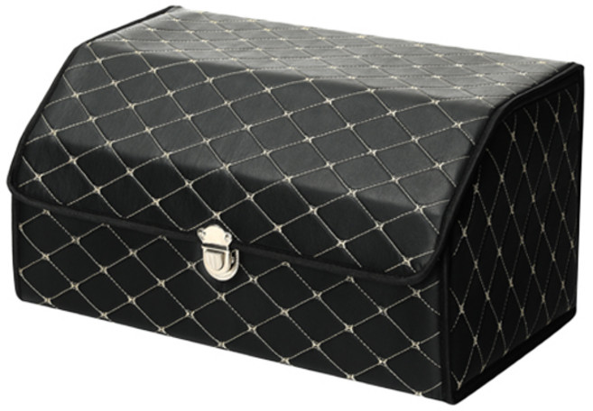 GTC 가죽 퀄팅 접이식 자동차 트렁크 정리함 L 사이즈, 블랙