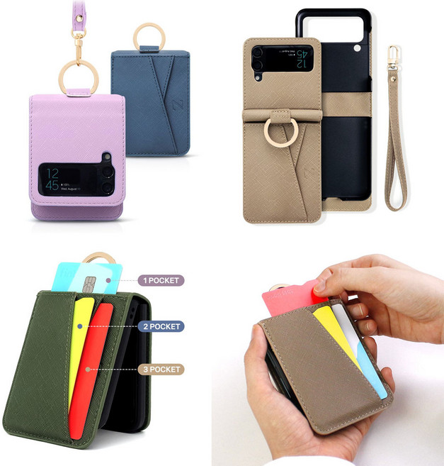 아모하 갤럭시 Z플립 1/2/3/4/5 사피아노 가죽 레더 카드 3장 포켓 수납 핑거 골드 고리 핑거 링 핸드 손목 스트랩 지갑 월렛 케이스