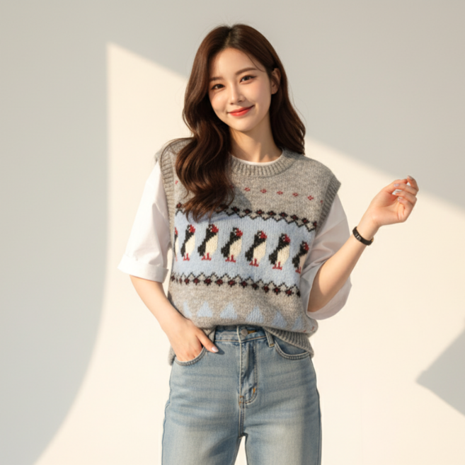 누보마켓 포근한 라운드넥 여성 니트 조끼 베스트 레이어드 니트조끼