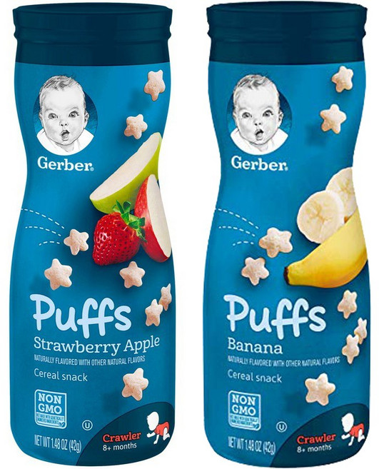 gerber 퍼프 시리얼 스낵 크로어 8+ 먼스 42g, 1세트, 딸기 사과 + 바나나