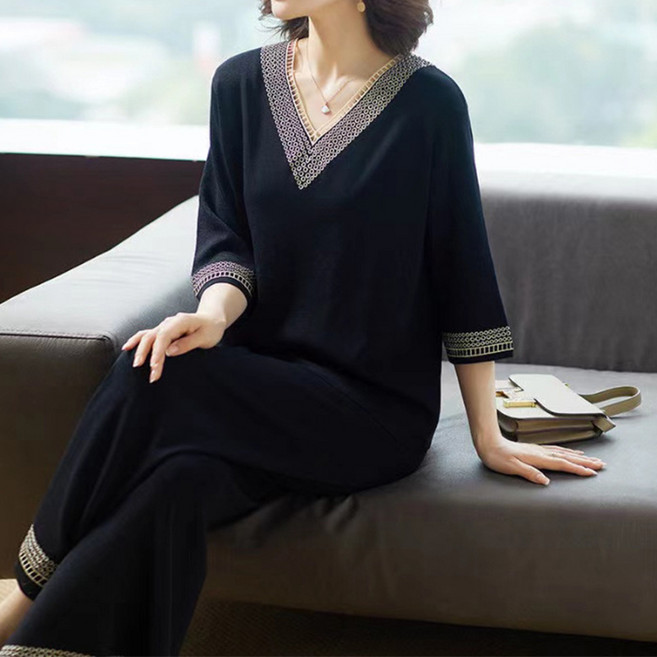 중년 여성 상하세트 편한 루즈핏 브이넥 티셔츠 와이드 밴딩팬츠 데일리룩 엄마옷