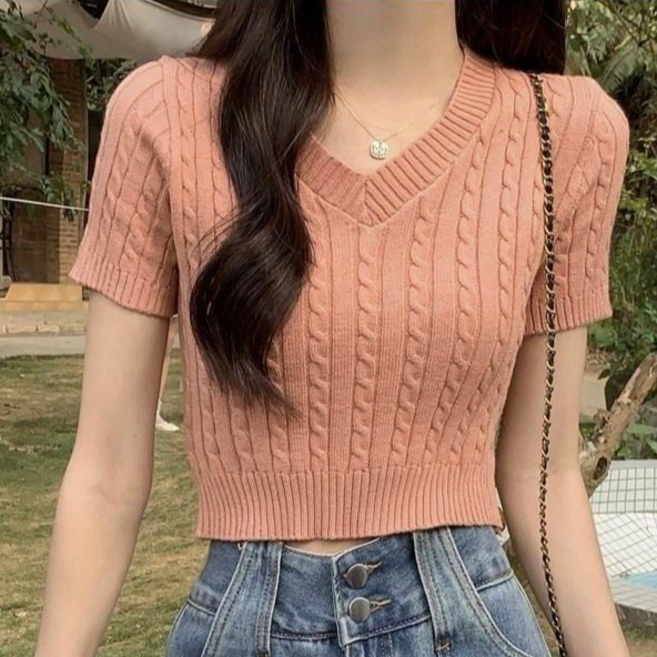 야오야오 포엘 꽈배기 크롭 브이넥 반팔 니트