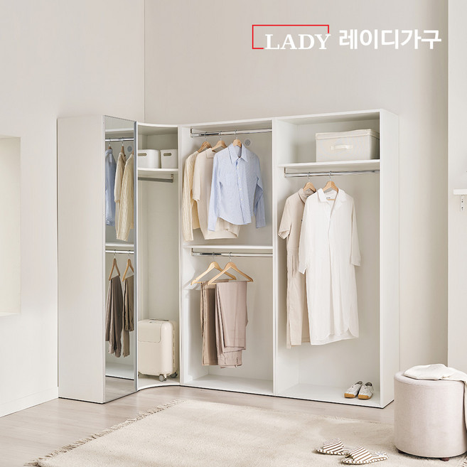 레이디가구 이안 드레스룸 280cm 코너형 B세트 (좌형) (80cm 1단 행거형 + 80cm 2단 행거형 + 80cm 1단 코너형 + 40cm 전신거울 선반장), 내추럴