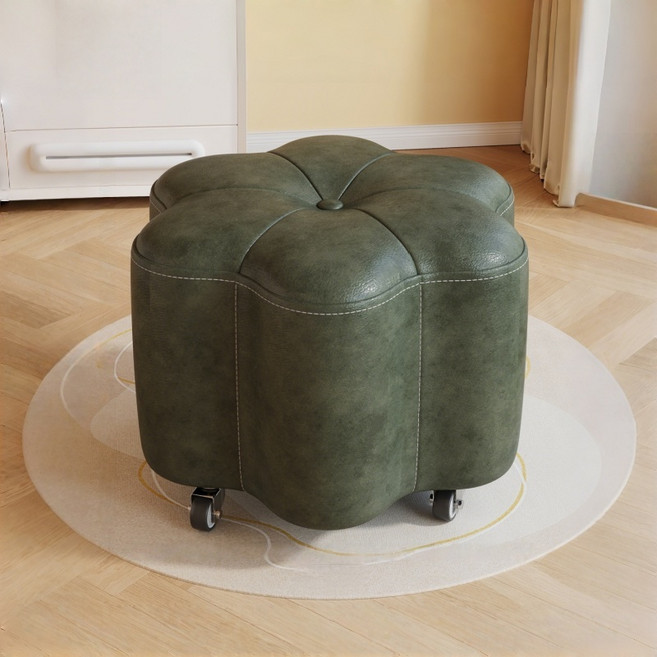 WHH 이동식 현관 스툴 가죽 꽃송이 바퀴 의자, 1개, 흑녹색