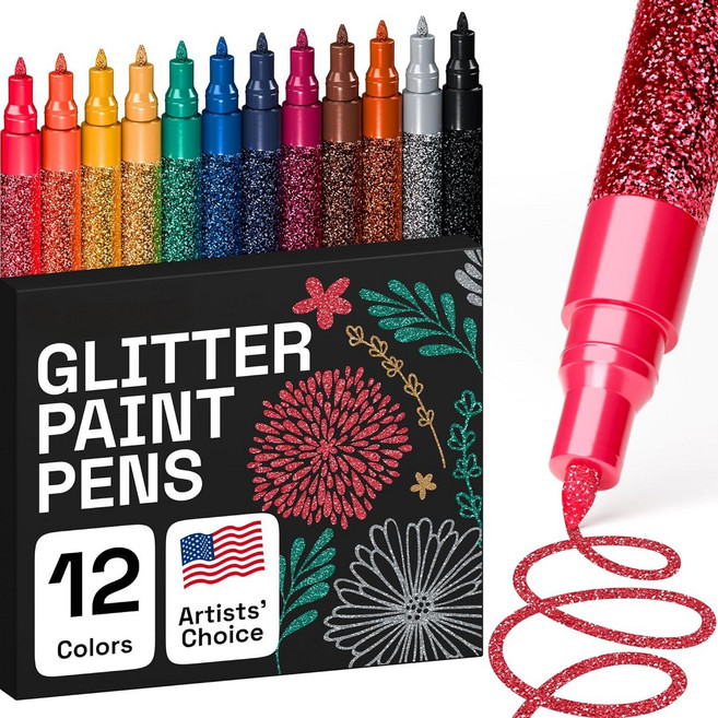12개의 글리터 페인트 펜 반짝이고 빛나는 효과 바위 페인팅 돌 도자기 유리 나무 천 스크랩북 DIY 공예 만들기 색칠 아크릴 글리터 마커 초미세 팁0.7mm, 1세트, 12색